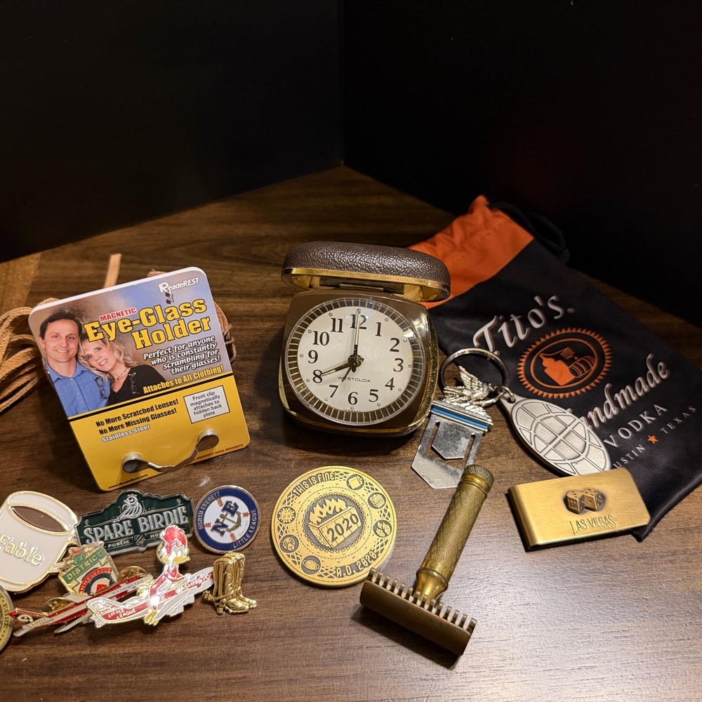 Grandpas Junk Drawer LOT- 1920/30’s Gillette razor, Westclox, pins and more!